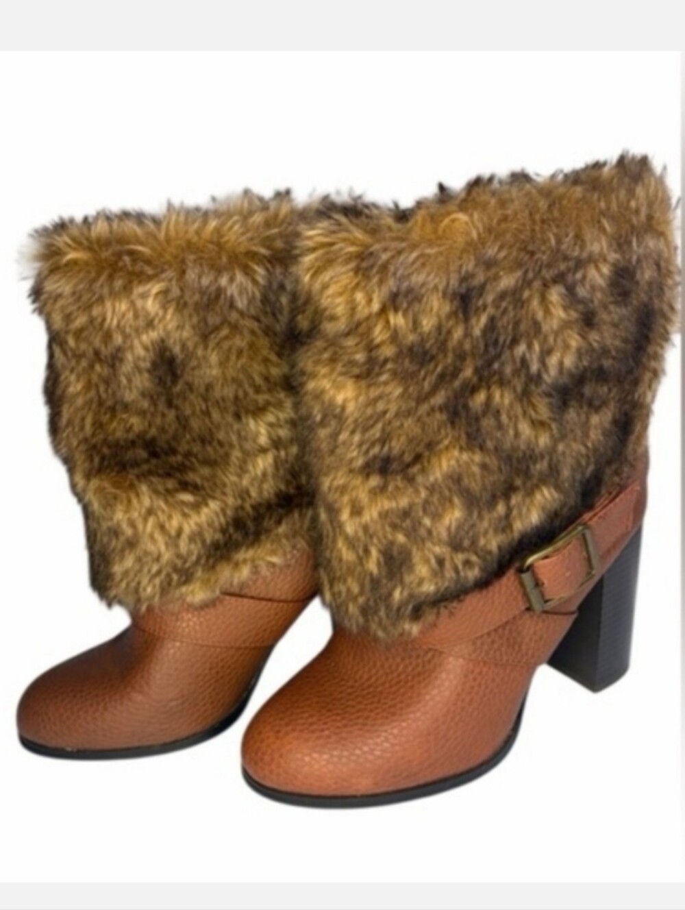 Leila Stone Tan Faux-Fur Trim Mid-Calf Block Heel Boots